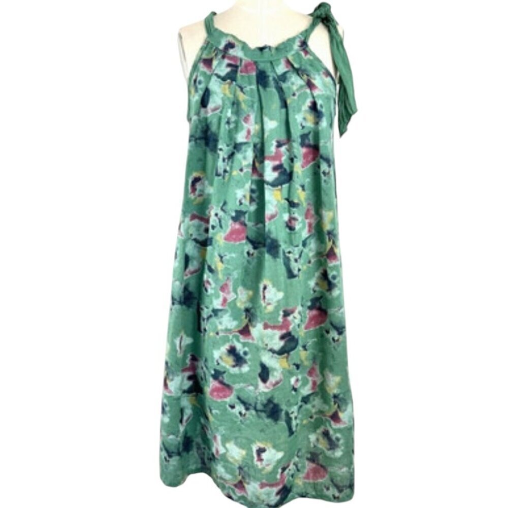 Bellambra Linen Size Medium Floral Watercolor Dress Summer Vacation Coastal